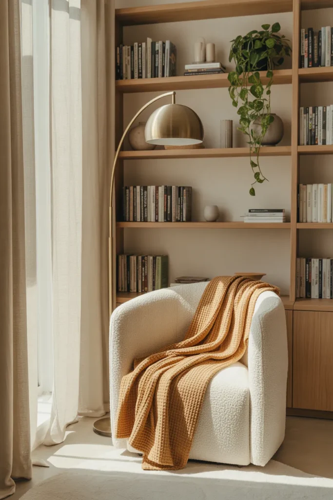 Cozy reading nook with light oak floating shelves, cream boucle chair, and pothos plant
