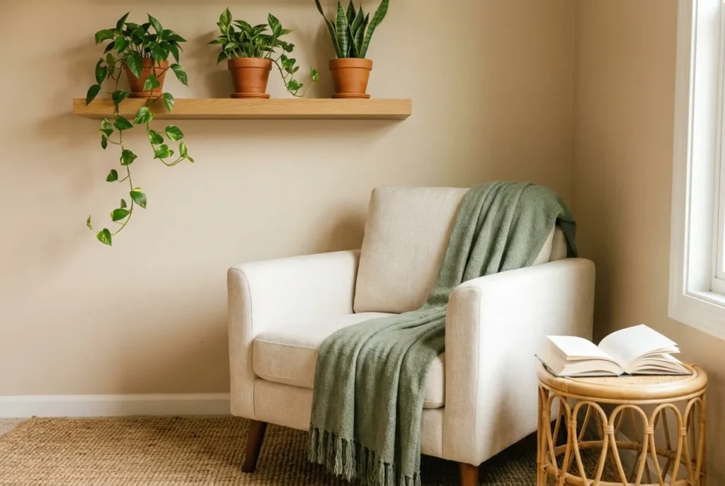 Cozy reading nook with plants and greenery in a cream and sage corner setup.