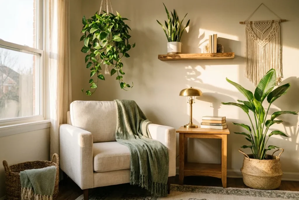 Cozy reading nook with plants and greenery in a layered boho urban jungle setup.
