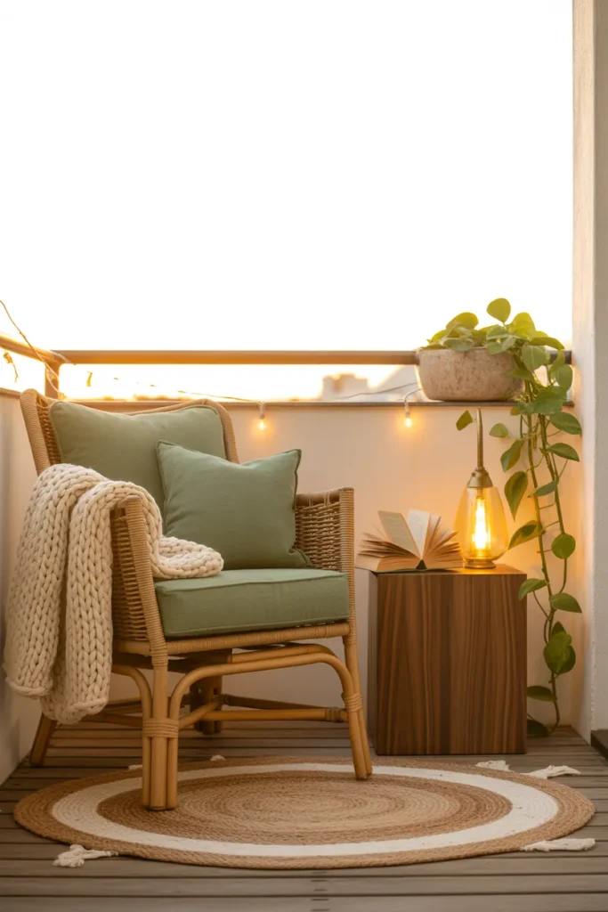 Cozy small balcony reading nook hero shot for apartment dwellers Pinterest.