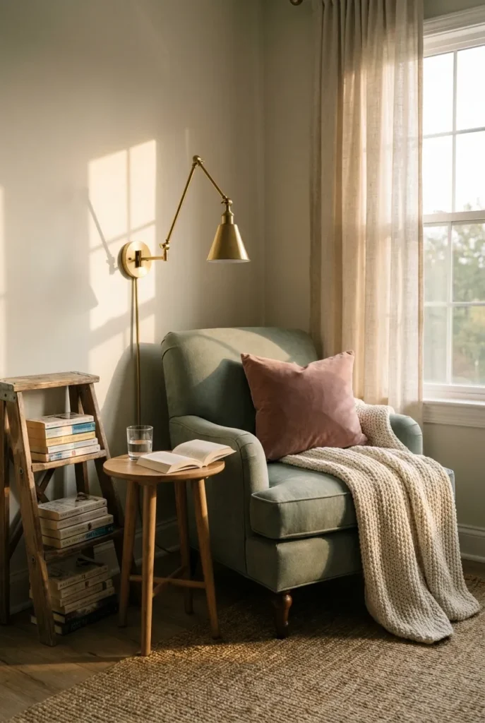 Cozy tween reading corner with sage armchair, brass lamp, and book shelf by a window.