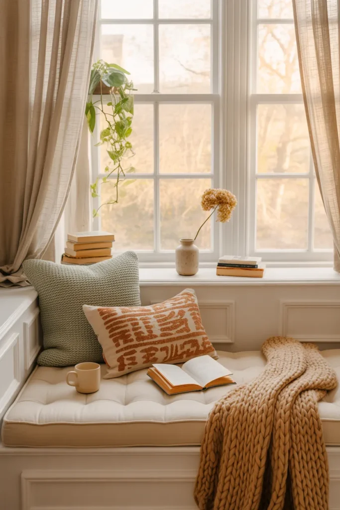 Cozy window seat cushions for reading nook with cream tufting sage pillow terracotta lumbar and golden hour light