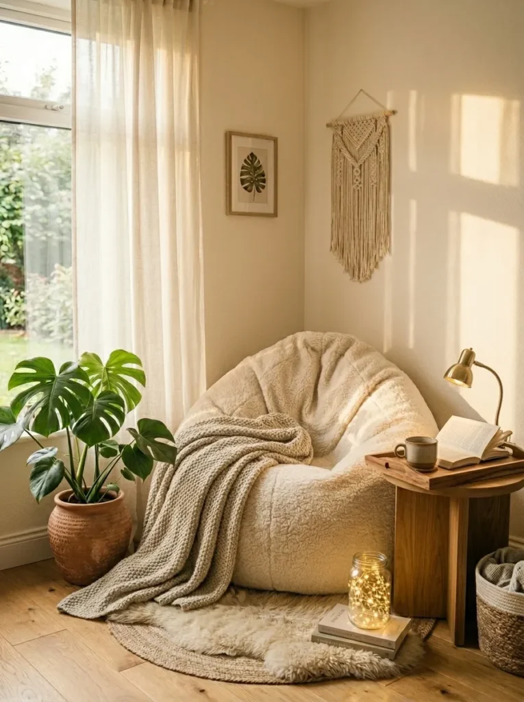 Cream Sherpa bean bag corner reading nook with chunky knit throw and fairy lights