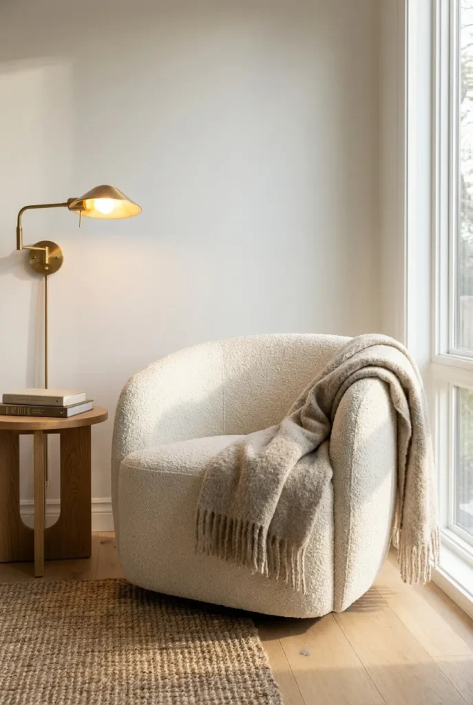Cream bouclé barrel accent chair in small reading nook with oak side table and brass lamp.