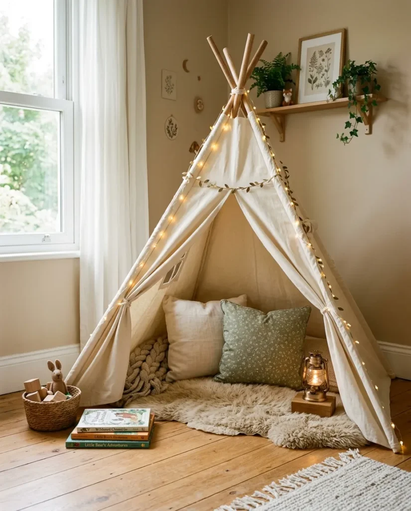 Cream canvas corner teepee reading nook with two cushions in shared kids bedroom