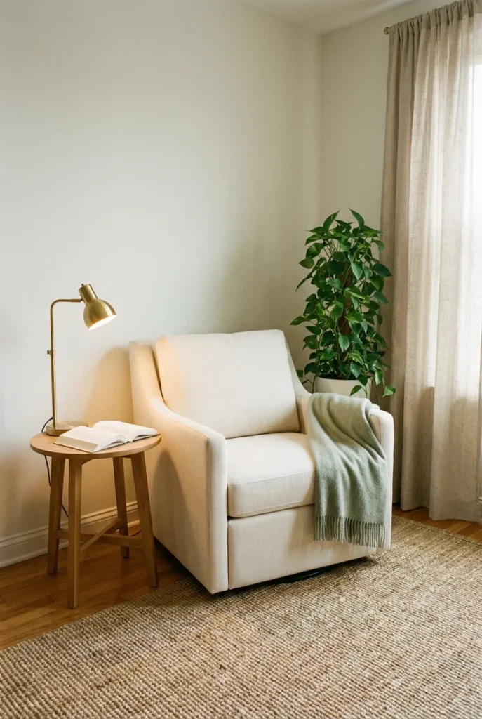 Cream convertible chair bed in studio apartment reading nook with sage throw and pothos.