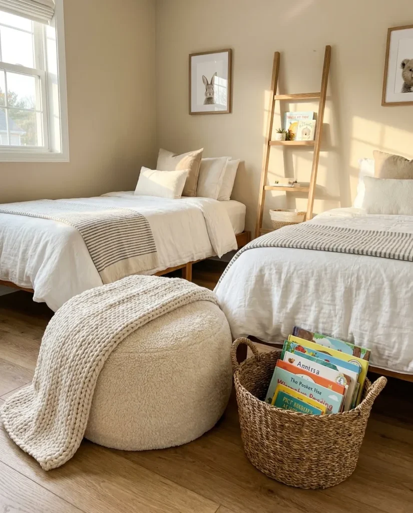 Cream sherpa floor cushion reading nook between two twin beds with woven book basket