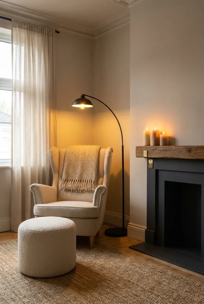 Cream wingback hygge reading nook beside a candlelit fireplace with arc lamp and wool throw.