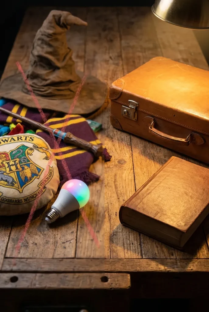 Cringe versus tasteful Harry Potter reading nook items merch pile crossed out next to leather book.