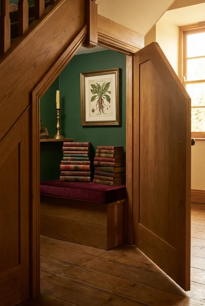 Cupboard under stairs styled as Hogwarts library inspired reading nook with burgundy cushion and brass details.