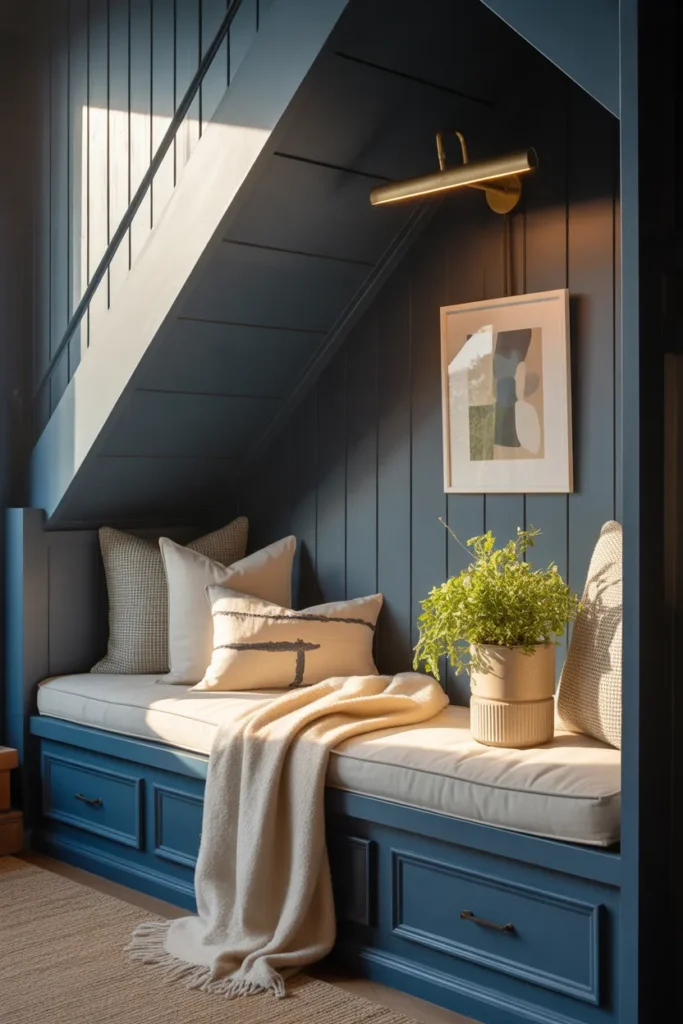 Custom built-in under stairs reading nook with board and batten and hidden storage