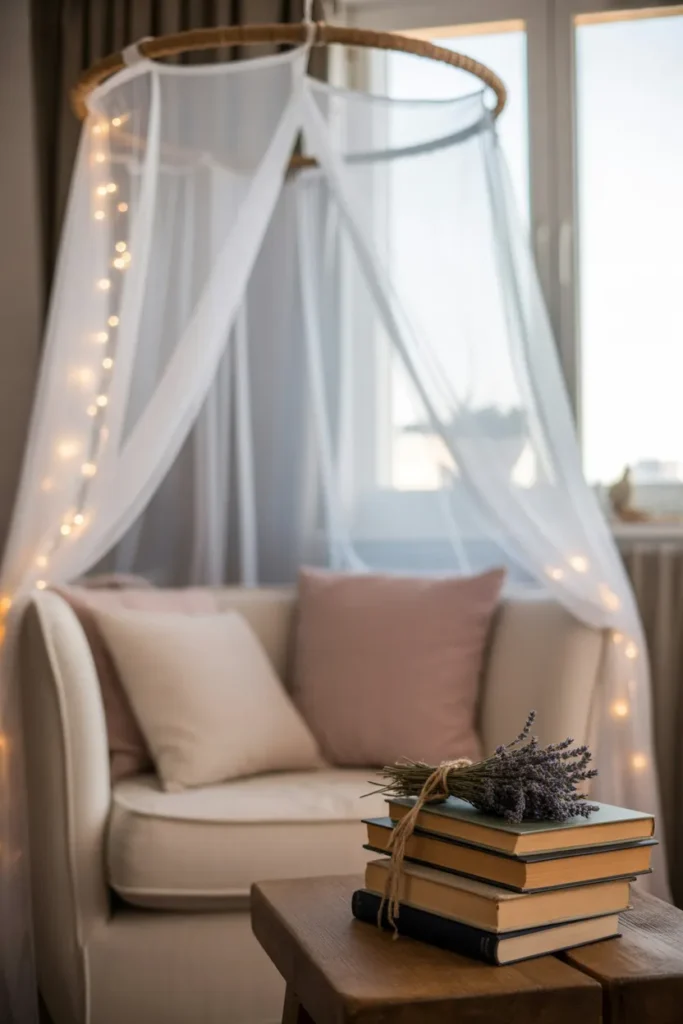 DIY hula hoop canopy reading nook in cottagecore style with fairy lights