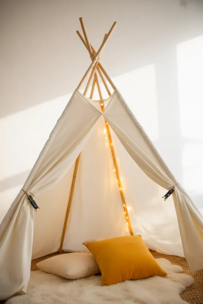 DIY no-sew bed sheet teepee reading nook with binder clips and fairy lights