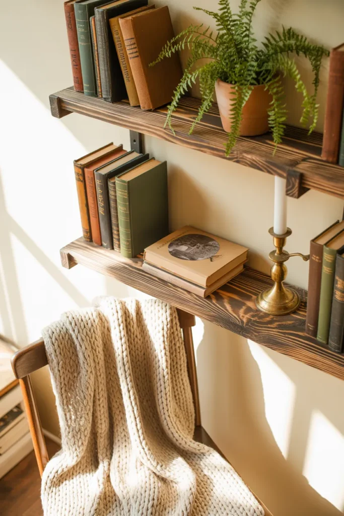 DIY stained pine floating shelves above a wooden reading chair in a modern farmhouse nook