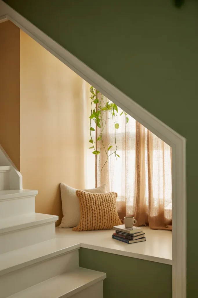 DIY under stairs reading nook with cream cushion, sage accent wall, and styled bookshelf in farmhouse home