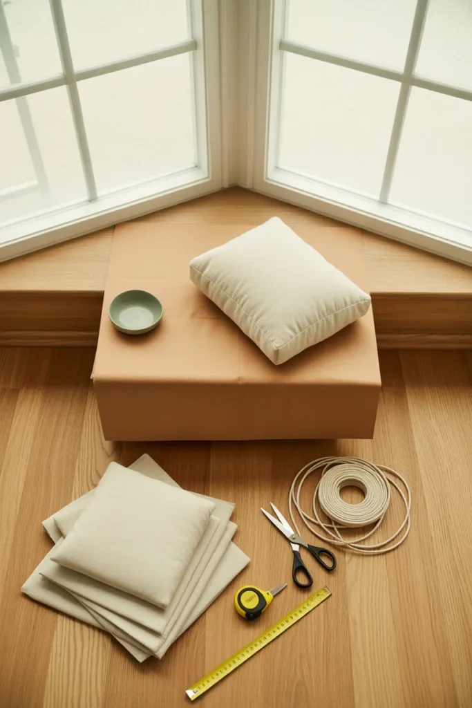 DIY window seat cushion for bay window with foam template fabric and piping tools flat lay