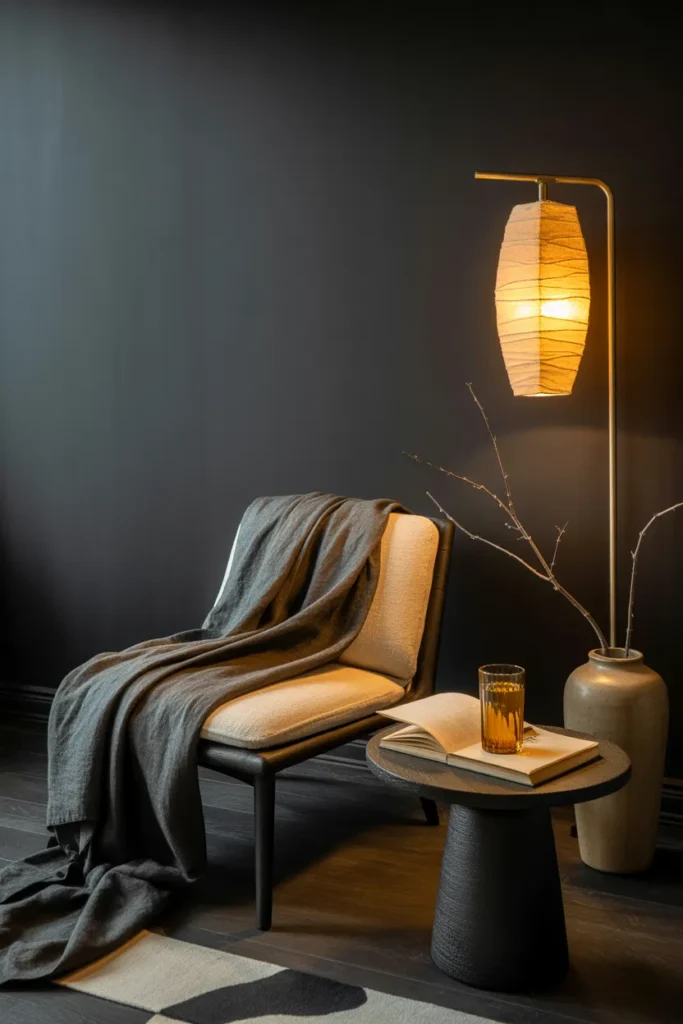 Dark Japandi reading nook with charcoal wall, smoked oak chair, and rice paper lamp