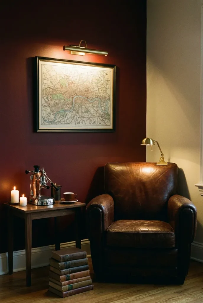 Dark academia coffee nook reading corner with leather chair, manual espresso lever, and brass picture light.