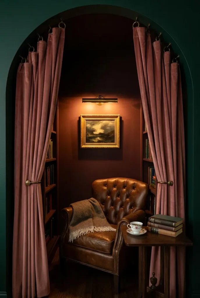 Dark academia reading nook alcove with velvet curtains, leather chair, and brass picture light.