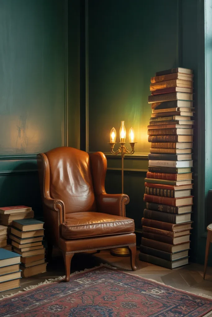 Dark academia reading nook color palette with green walls and leather chair