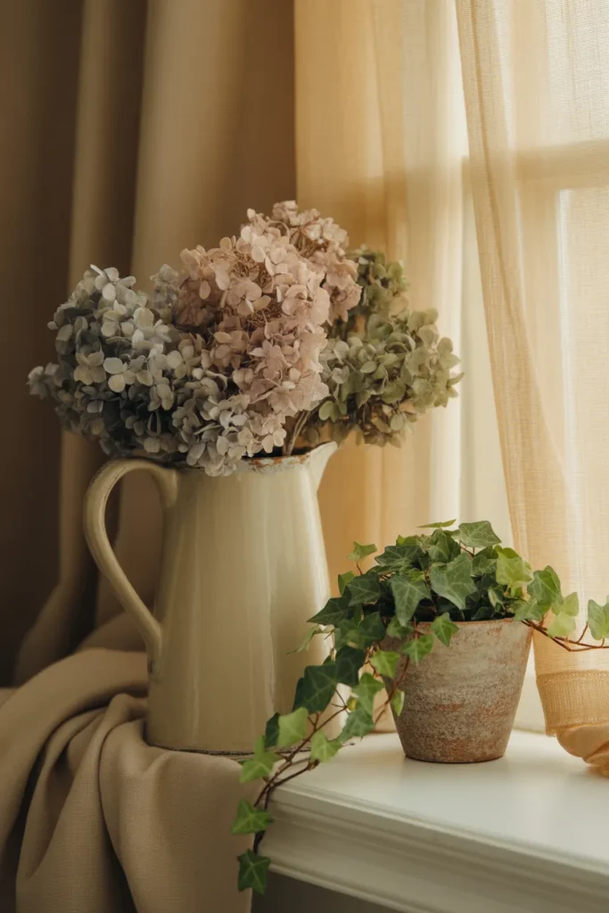 Dried hydrangeas and fresh ivy styled in a grandmacore reading nook windowsill.