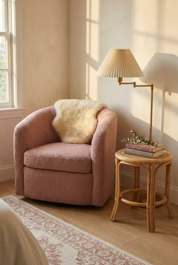 Dusty pink boucle armchair with rattan side table and brass lamp in a soft, romantic bedroom reading nook.