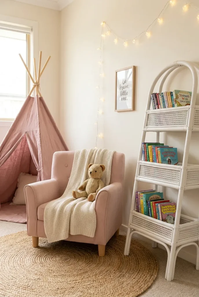 Dusty pink reading nook in a girls bedroom with child-size armchair, rattan shelf, and pink linen tepee.