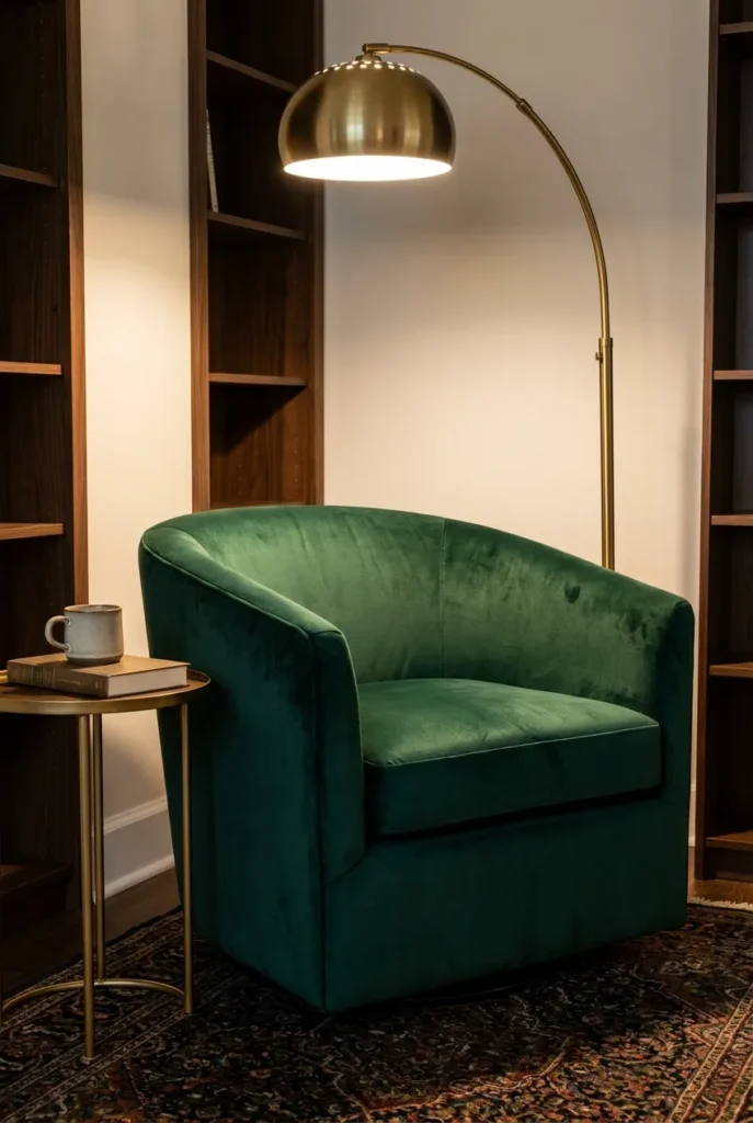 Emerald green velvet swivel accent chair in dark academia reading nook with arc lamp.