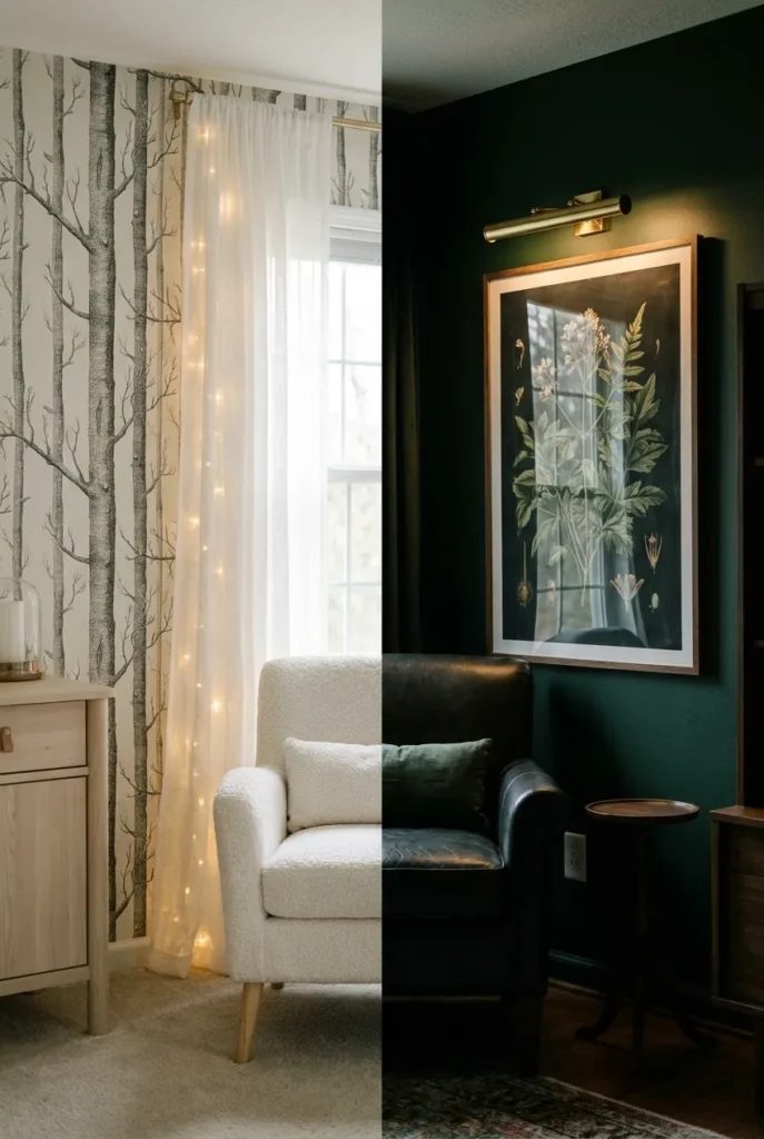 Enchanted forest reading nook beside a dark forest reading nook showing light versus moody styling.