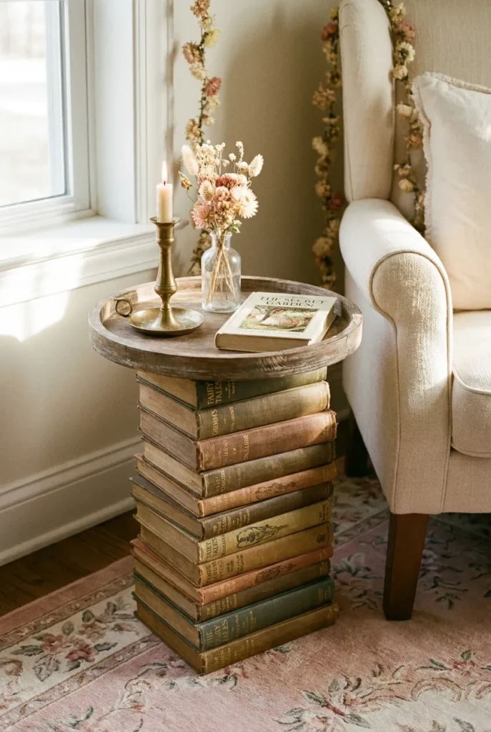 Fairy tale reading nook side table made from vintage hardcover books, brass candle, and dried flowers.