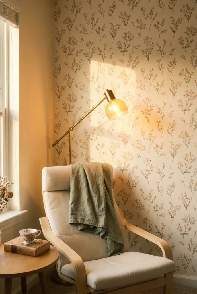 Fairy tale reading nook with floral peel-and-stick wallpaper, IKEA Poäng armchair, and brass lamp.