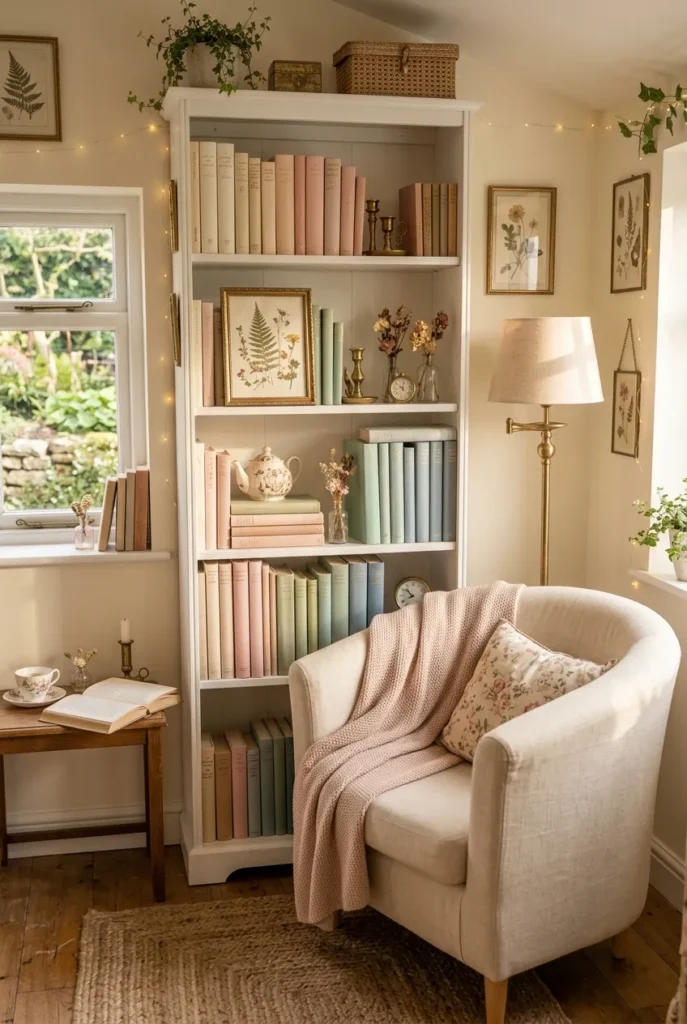 Fairy tale tiny library nook with pastel books on slim bookcase and cream curved-back armchair.
