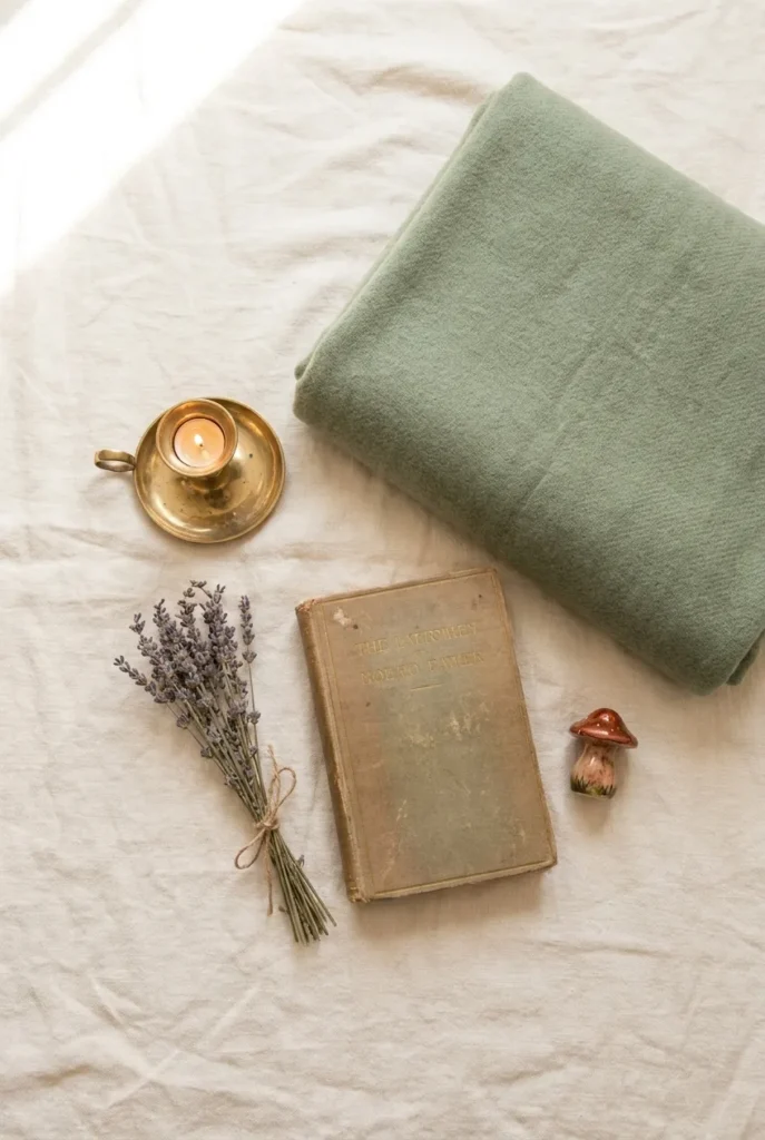 Fairycore reading nook essentials including sage wool throw, vintage book, lavender, and brass candle.
