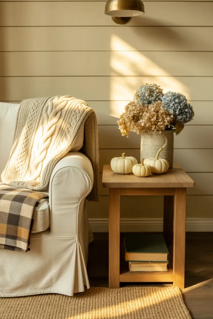 Fall farmhouse reading nook with cream chair, plaid throw, white pumpkins, and dried hydrangeas.
