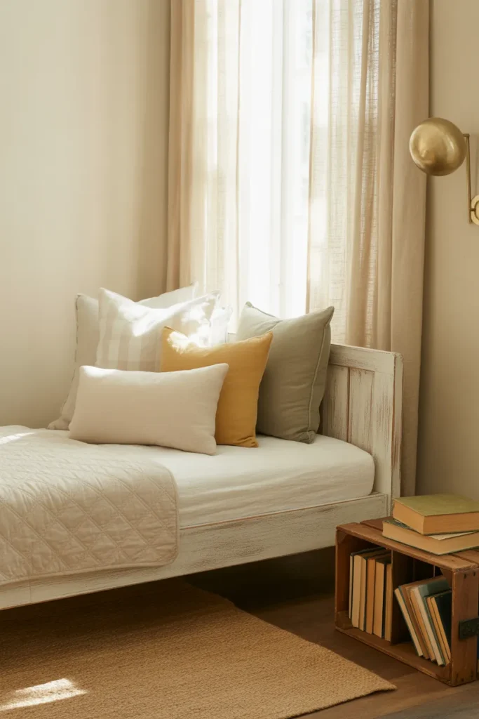Farmhouse daybed reading nook with cream linen bolsters and sheer curtains in a sunny living room.