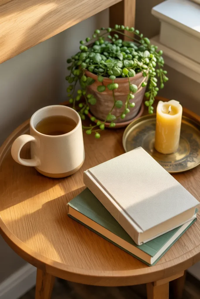 Farmhouse reading nook side table styled with mug, books, pothos plant, and beeswax candle.