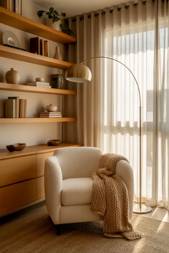 Finished organic modern reading nook with floating shelves, boucle chair, and arc lamp in golden afternoon light