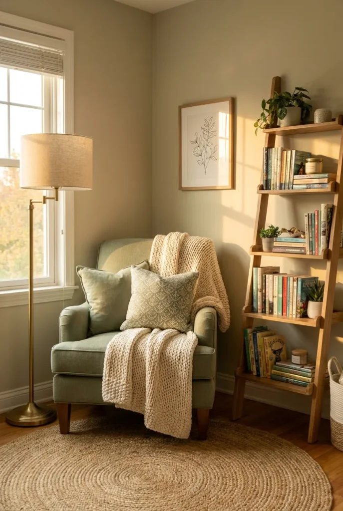 Finished tween reading corner with armchair, lamp, book shelf, and layered textiles.