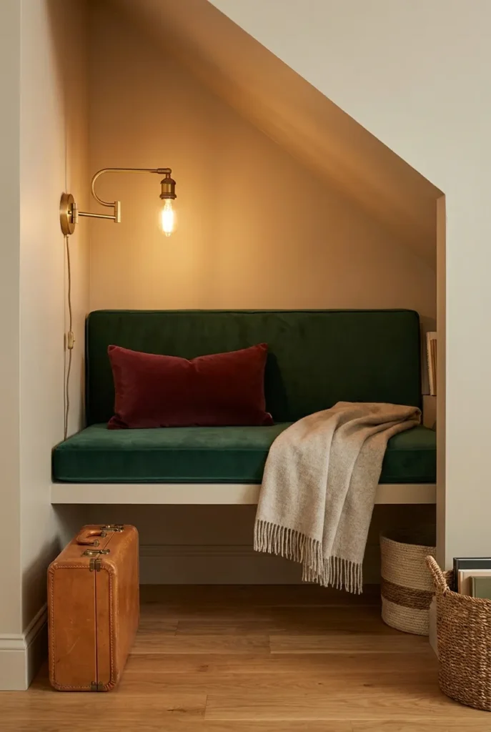 Five pieces of a tasteful Harry Potter reading nook velvet cushion, pillow, throw, brass sconce, leather suitcase.