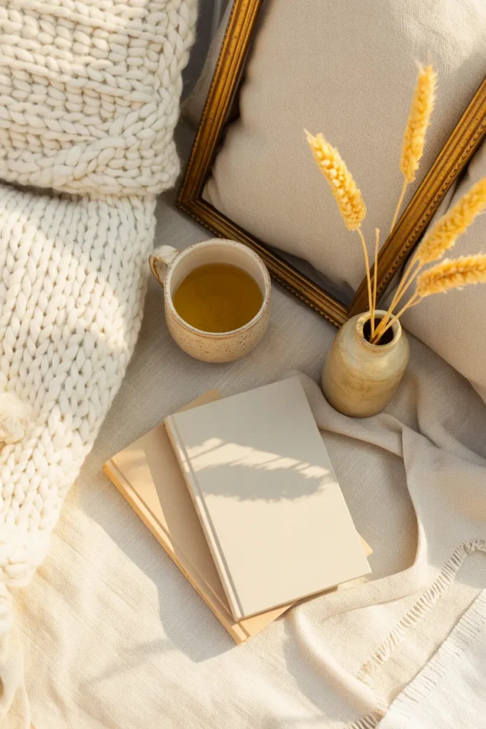 Flat lay farmhouse reading nook styling essentials with cream knit throw, books, mug, and dried wheat.