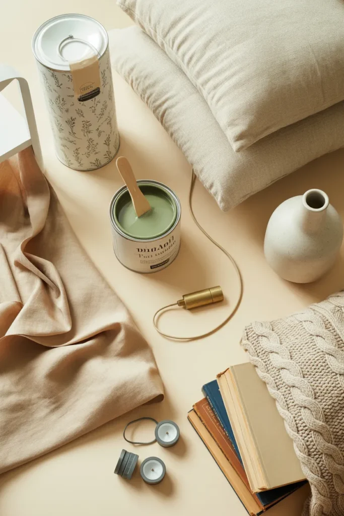 Flat lay of DIY under stairs reading nook supplies including paint, cushion, sconce, and textiles
