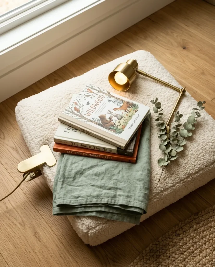 Flat lay of cream floor cushion, books, and brass lamp for shared bedroom reading nook