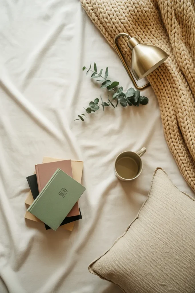 Flat lay of reading nook essentials including books throw pillow brass light and ceramic mug