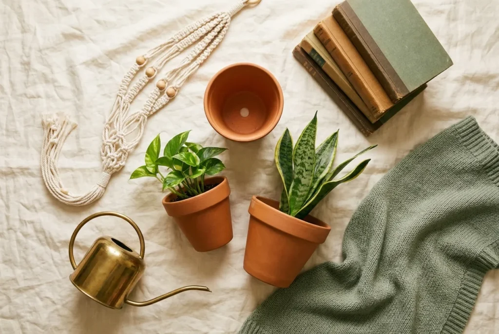 Flat lay of reading nook plants and terracotta planters at different budgets.