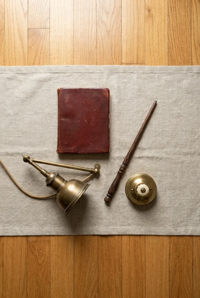 Flat lay of tasteful Harry Potter reading nook essentials leather book, wand, brass sconce, dimmer.