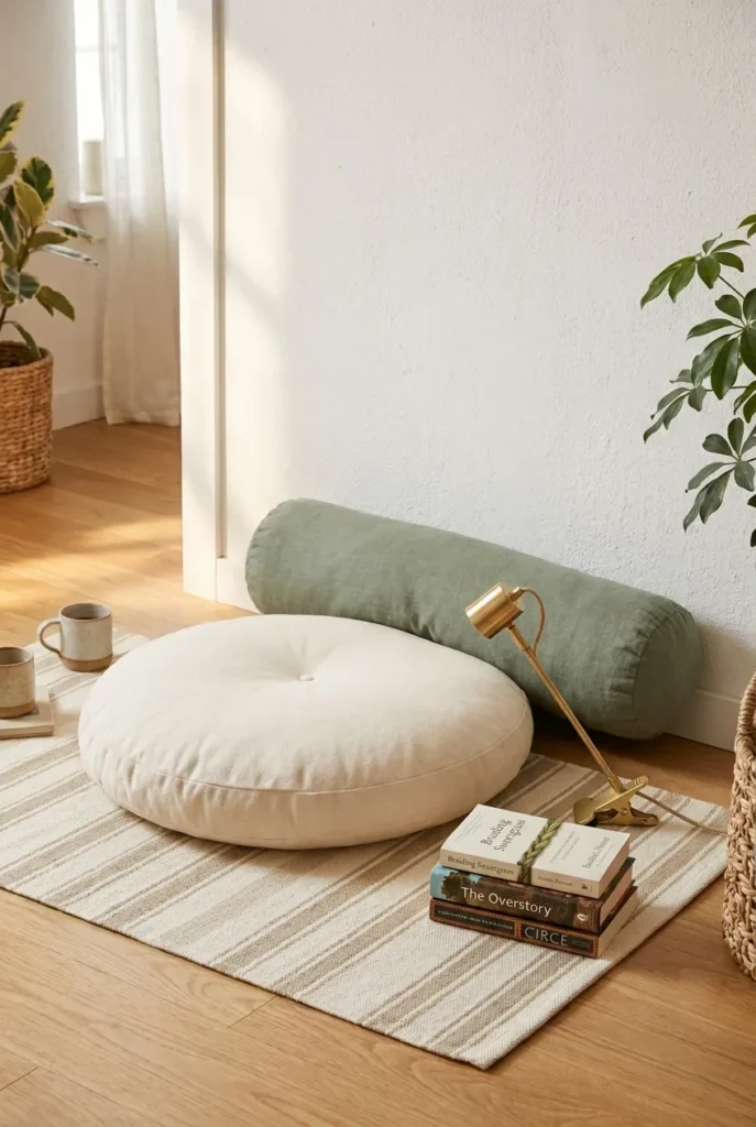 Floor cushion reading nook setup with bolster pillow and washable rug for small renter apartments.