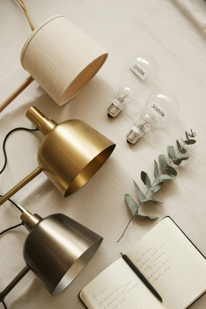 Floor lamp shade comparison flat lay with LED bulbs and eucalyptus
