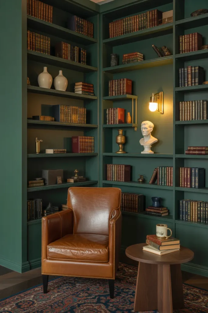 Floor-to-ceiling basement bookshelf wall painted forest green with cognac leather chair and brass library light.