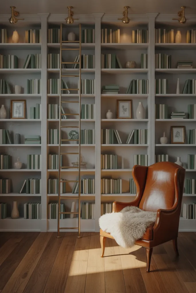 Floor to ceiling built in bookshelves with brass library ladder and leather reading chair