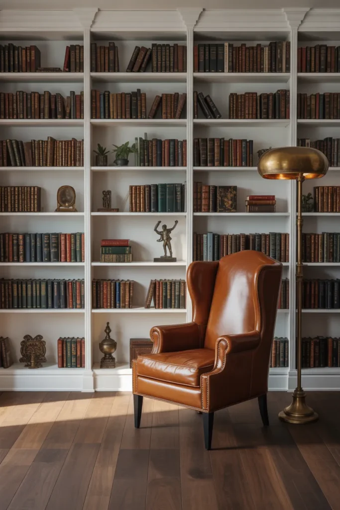 Floor to ceiling library wall with built-in bookshelves and a vintage leather wingback reading chair